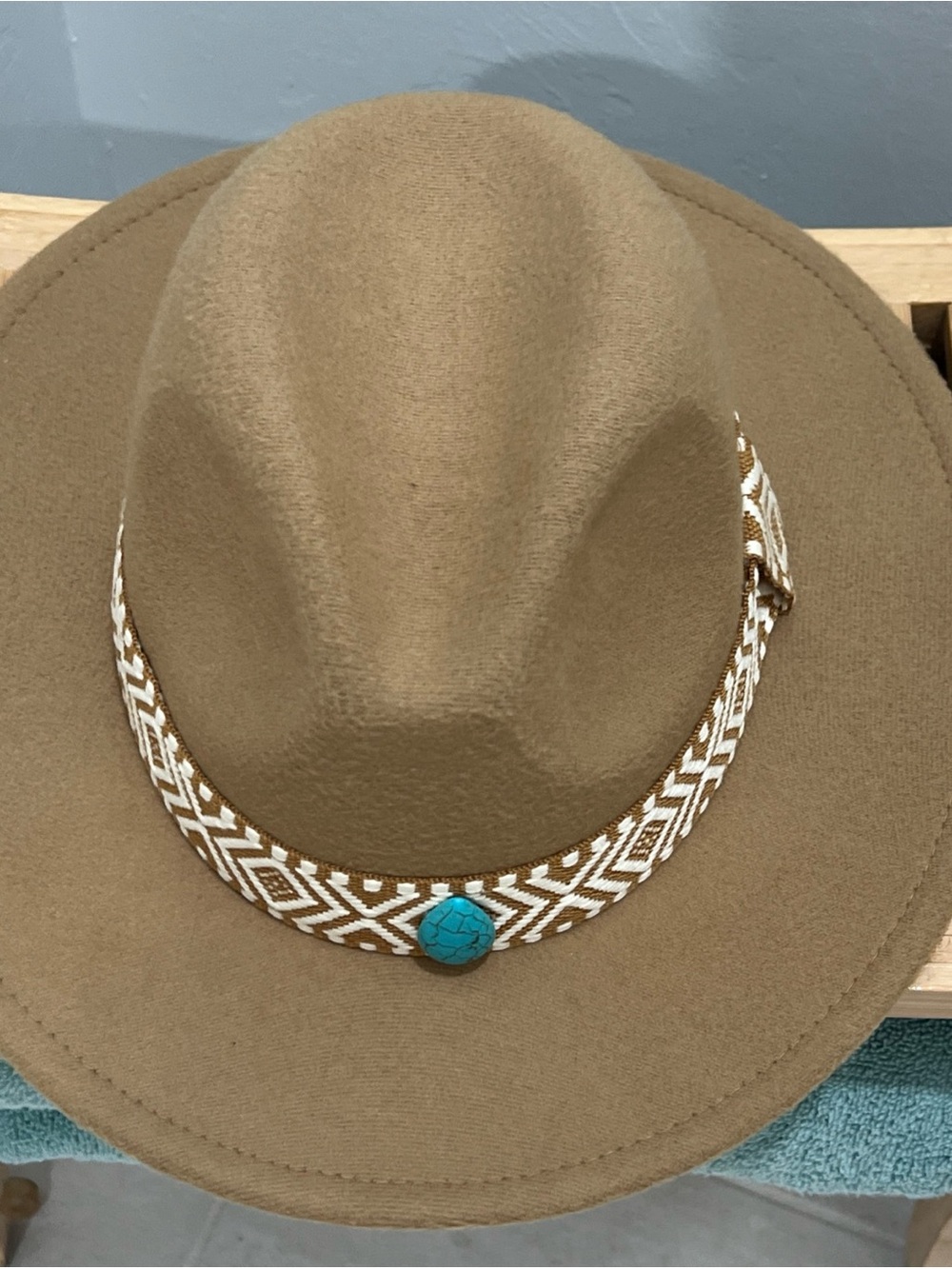 Tan Felt Fedora with Woven Band and Turquoise Accent - Picture 2 of 8